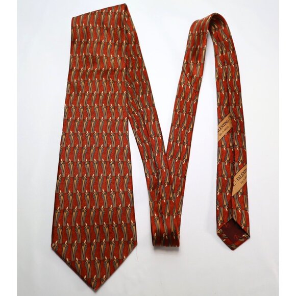 Valentino Cravatte Necktie Made in Italy 100% Silk Orange Geometric - Picture 2 of 5